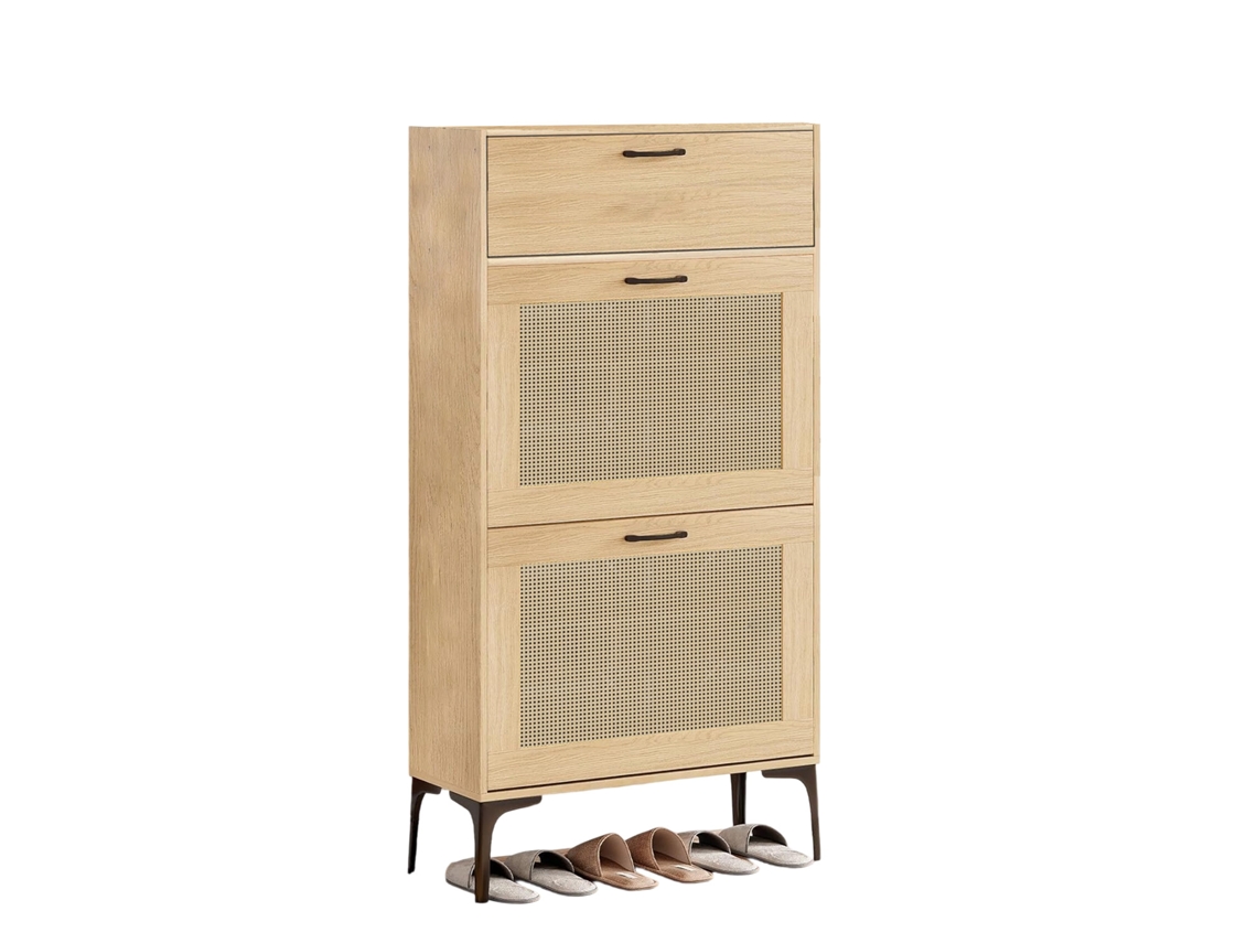 Sapateira Com 2 Gavetas E 1 Porta Em Rattan, Sapateira Estreita Para Hall De Entrada, Corredor E Sala De Estar, 80 X 24 X 114 Cm