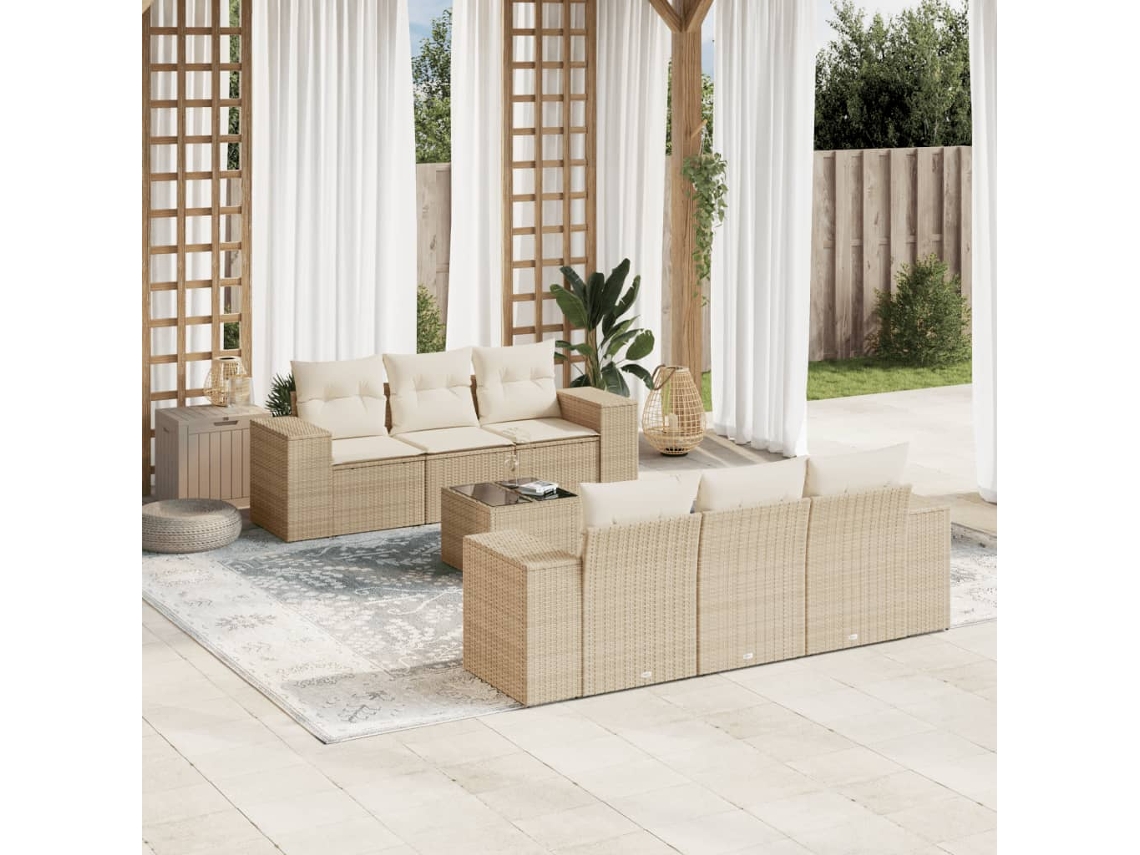 Vidaxl 7 Pcs Conjunto de Sofás P/ Jardim com Almofadões Vime Pe Bege