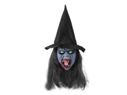 Mulher bruxa de cabelo longo com chapéu e máscara para Halloween LAXISCREED