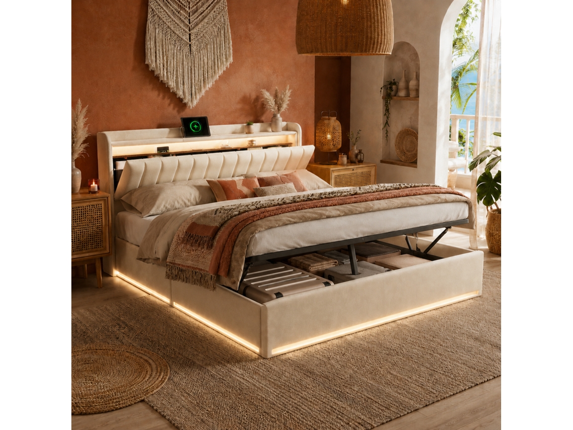 Cama Baú 140x200 Cm Com Led E Usb, Cama Hidráulica Estofada Com Cabeceira Com Arrumação Oculta E Prateleiras, Estrado De Ripas, Cor Bege