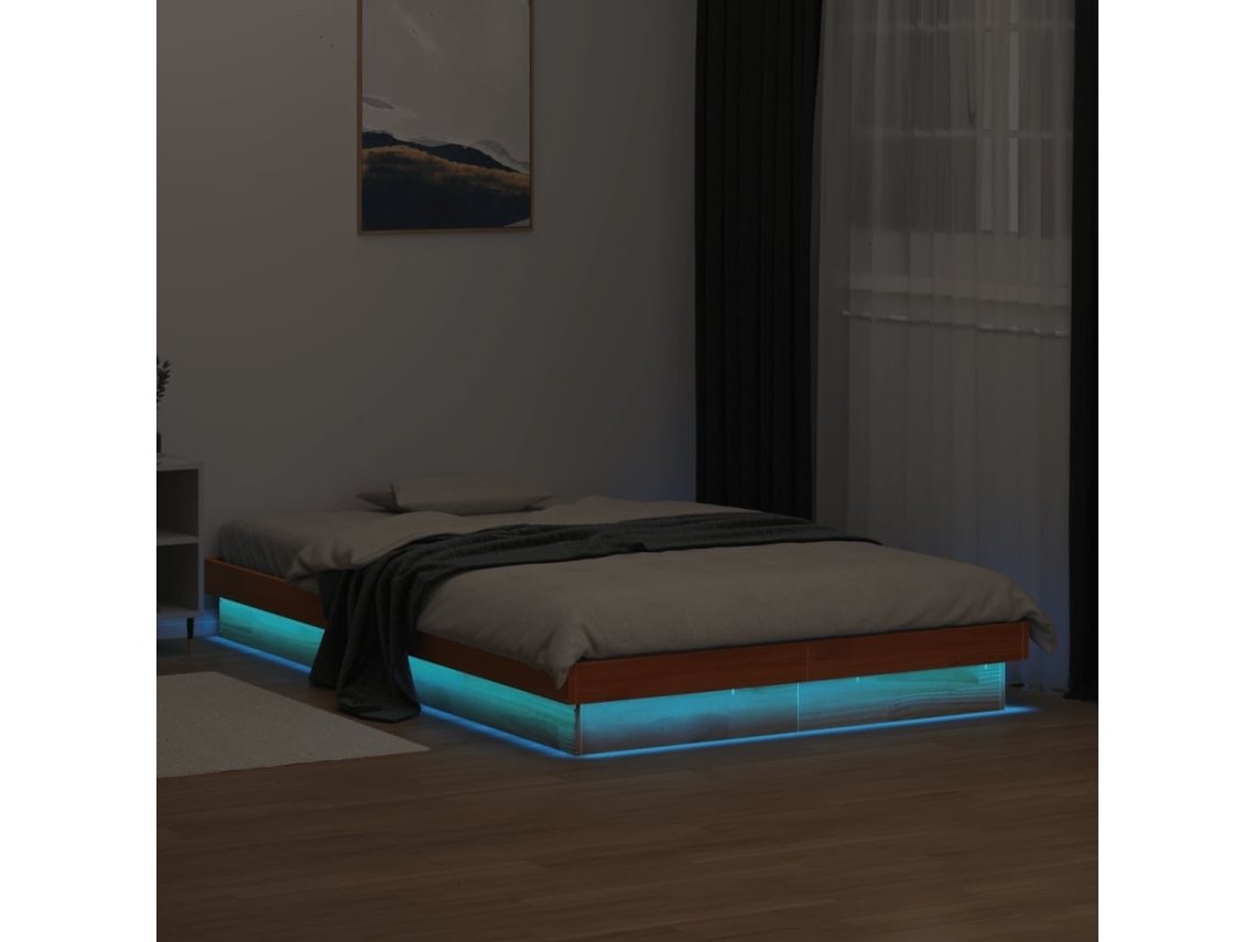 Vidaxl Estrutura de Cama C/ Leds 120x190 Cm Pinho Maciço Castanho Mel