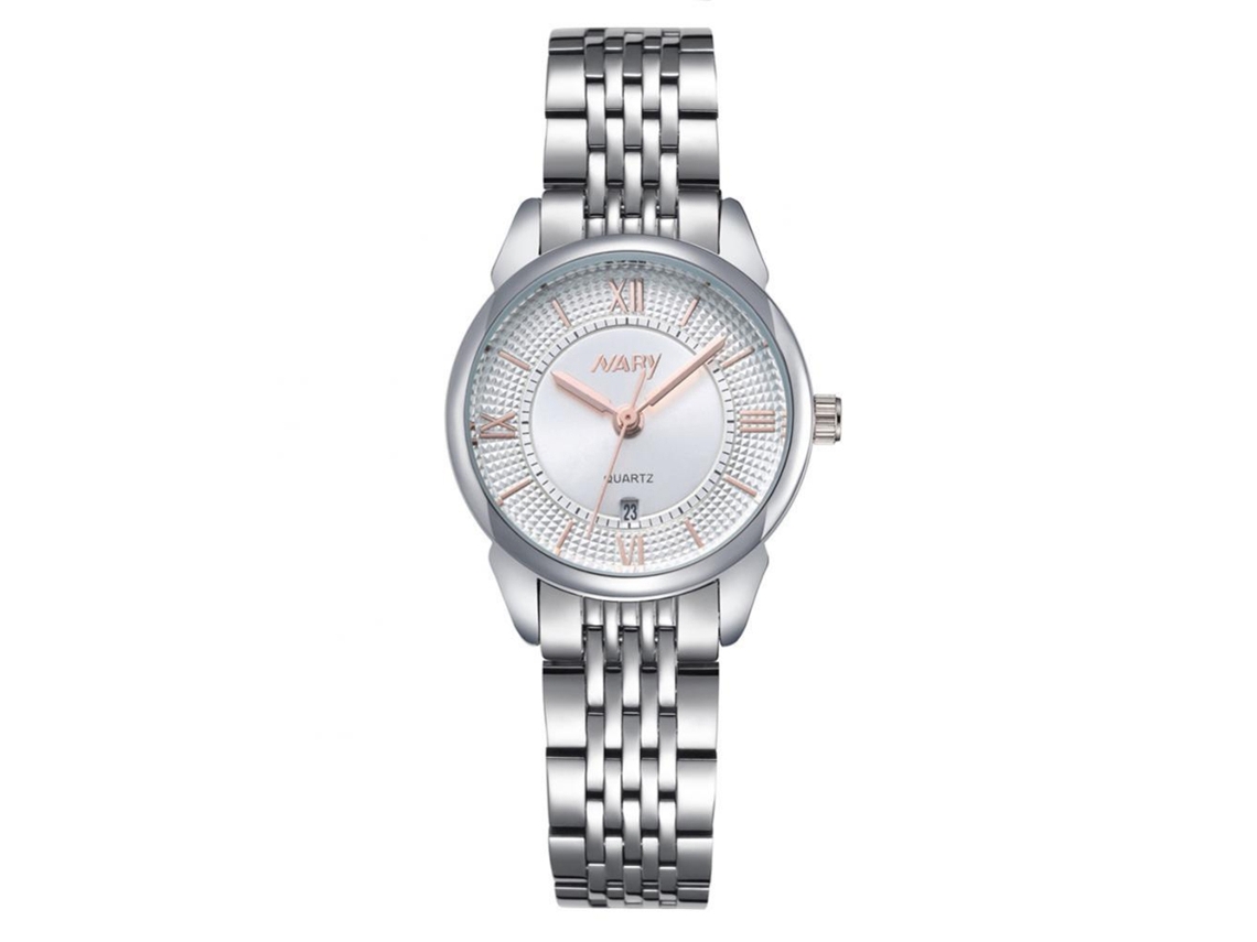 Relógio Nary Couple, à prova d'água, mostrador com algarismos romanos, pulseira de aço inoxidável, feminino, branco/rosa