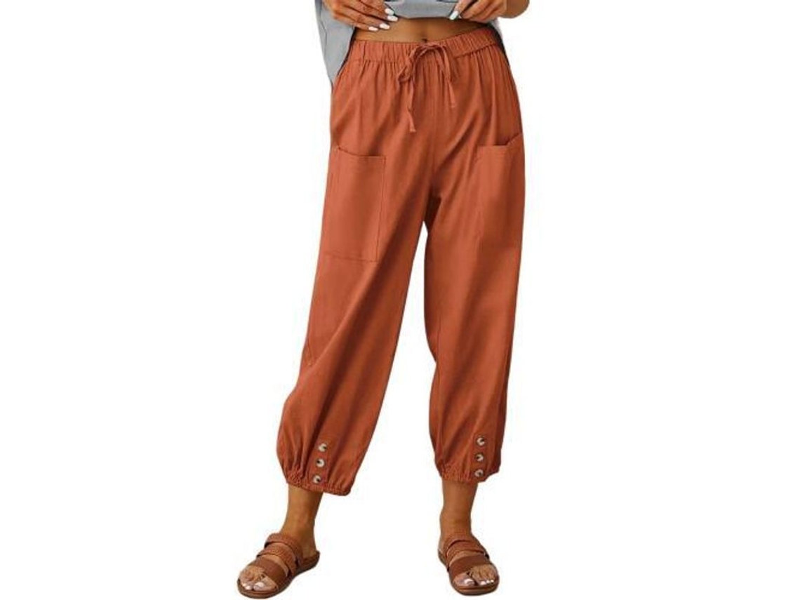 2026 pantalones Harem Largos de Lino Sueltos Con Bolsillos para Mujer Verano S Naranja