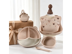 Conjunto de Alimentação para Bebé em Silicone - Prato Dividido + Taça + Colher em Silicone + Caixa Bege Escuro PANOONA (5 Peças)