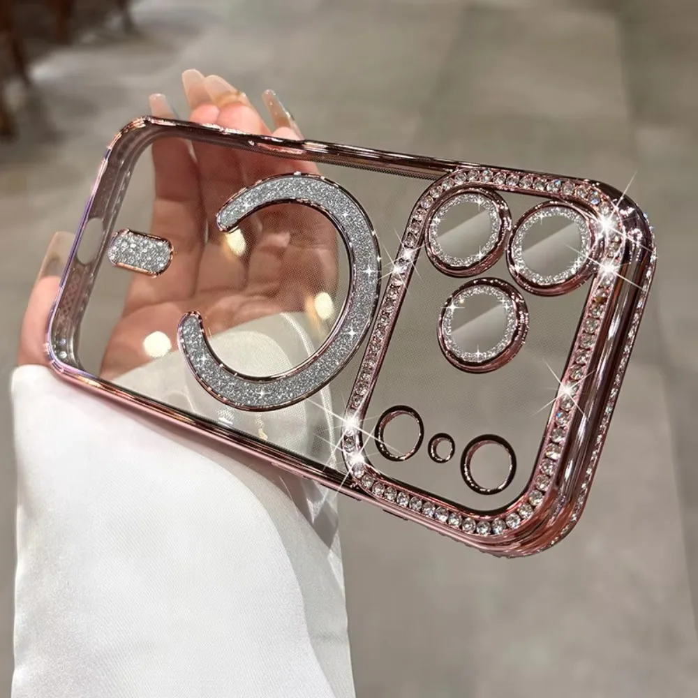 (iphone 17 Pro, Rosa) Capa Magnética Para Iphone, Capa Transparente Com Brilho De Diamante, Proteção Total Para A Câmera.