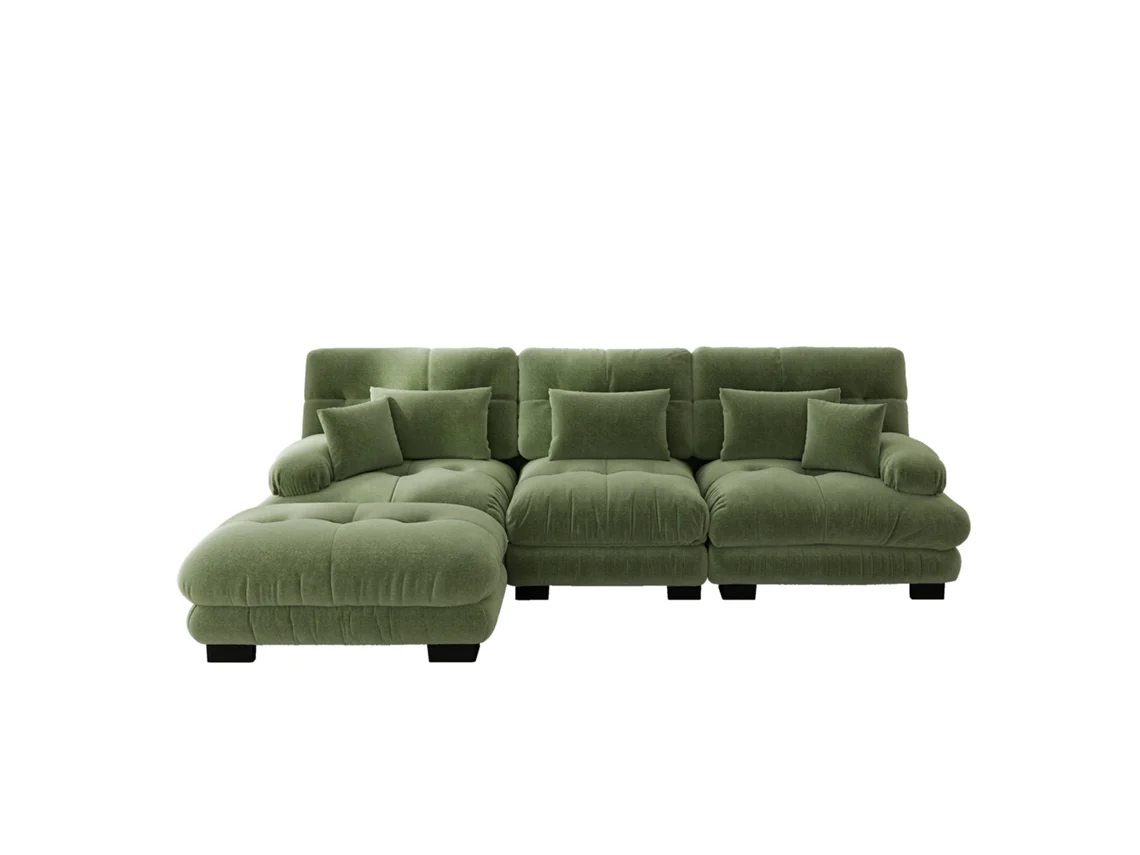 Sofá Veludo Grande com Puff em Chenille Verde ORBITRA TRADE