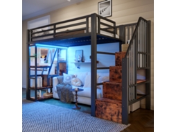 Cama Deitada 90x200cm Ferro Preto Com Prateleira Escada Guarda-lua Led Armário