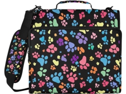 Pasta organizadora colorida com estampa de pata, fechamento em zíper, 3 argolas e compartimento para laptop.