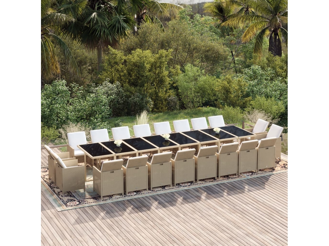 Vidaxl 21 Pcs Conjunto Jantar P/ Jardim C/ Almofadões Vime Pe Bege