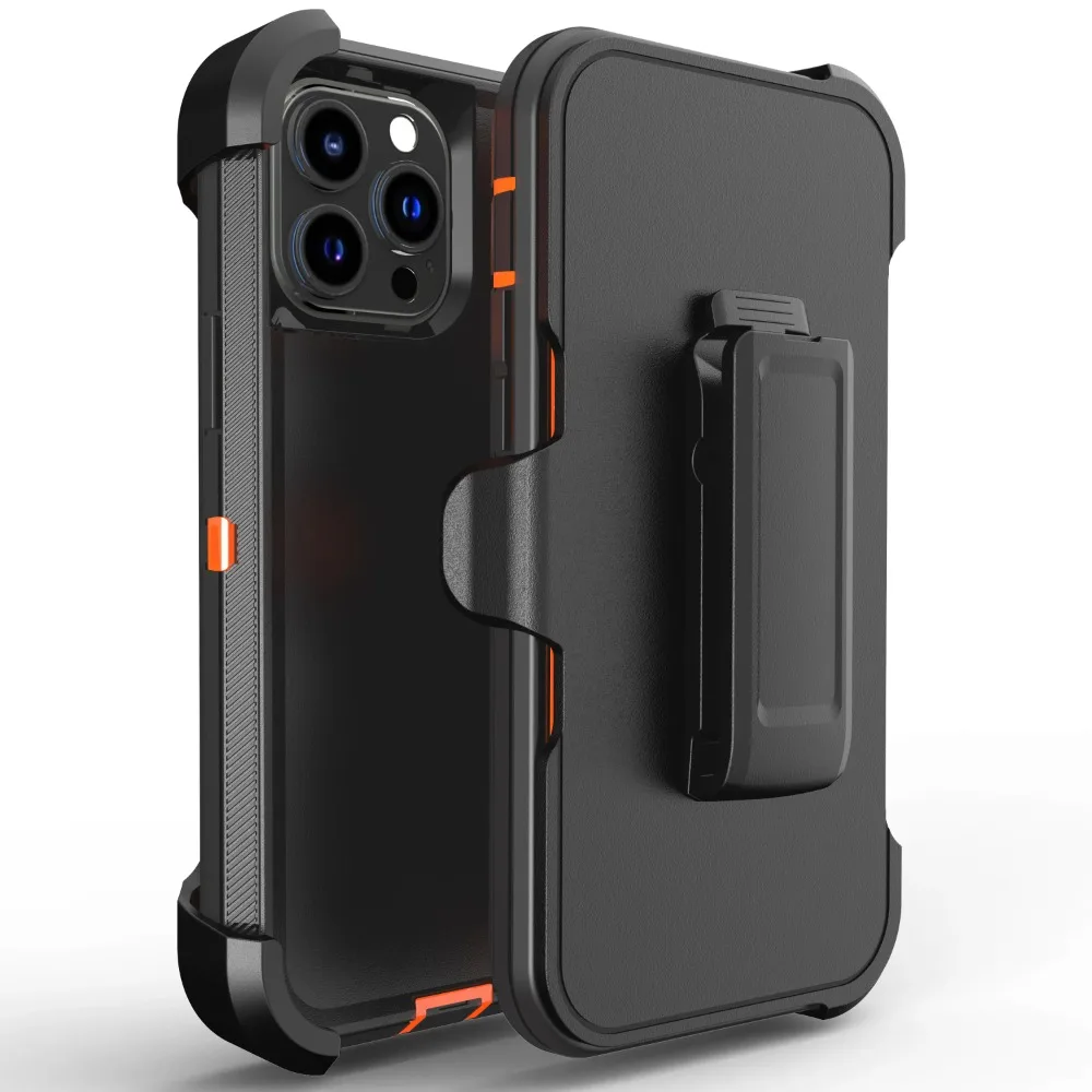 (preto/laranja, Iphone 12 Pro) Capa Protetora Premium 3 Em 1, Resistente A Impactos E Com Clipe Para Cinto.