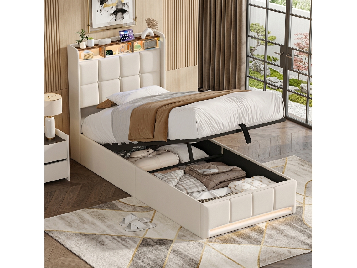 Cama Individual 90x200 Cm Com Led, Usb E Espaço Para Arrumação. Cama Com Base E Cabeceira Com Espaço Para Arrumação, Colchão Não Incluído, Bege