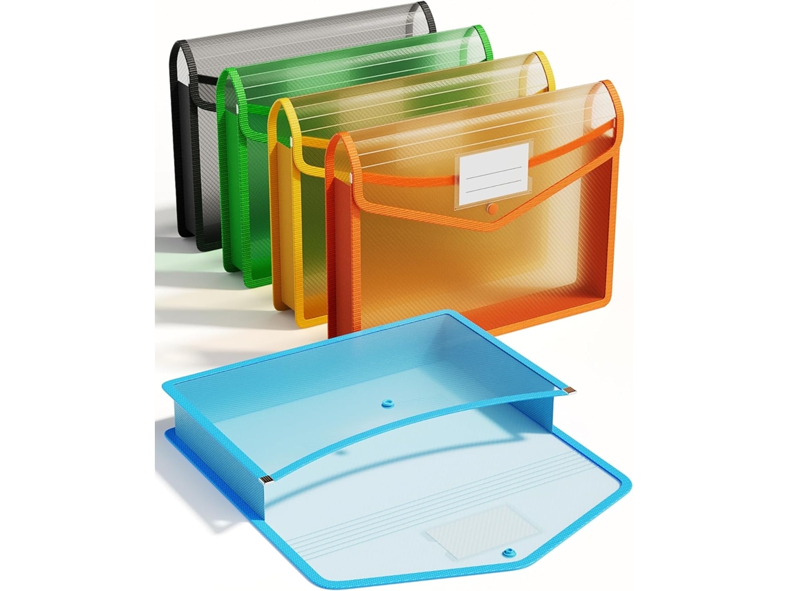 Pasta Plástica A4, Conjunto de 5 Unidades, Envelopes Transparentes com Fecho de Pressão, Sem Divisórias, Grande Capacidade, Cores Sortidas BRILVIBERA