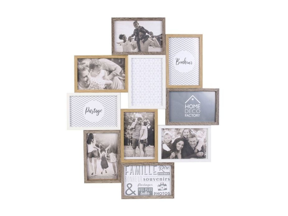 Hd4213 Moldura de parede Colagem 10 visualizações 10x15cm Madeira e vidro Bege Marrom e branco H56 x 47 x 2,8 cm Fábrica de decoração para casa