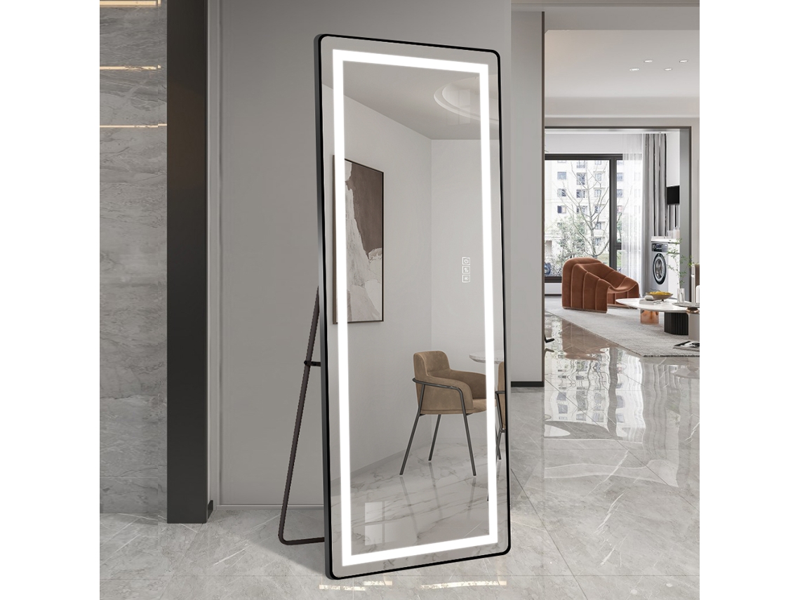 Espelho Vertical 163x54cm Com Luz Led, Espelho De Chão Iluminado Com Suporte, Espelho De Parede Dimerizável Com Moldura Fina De Alumínio, Preto.