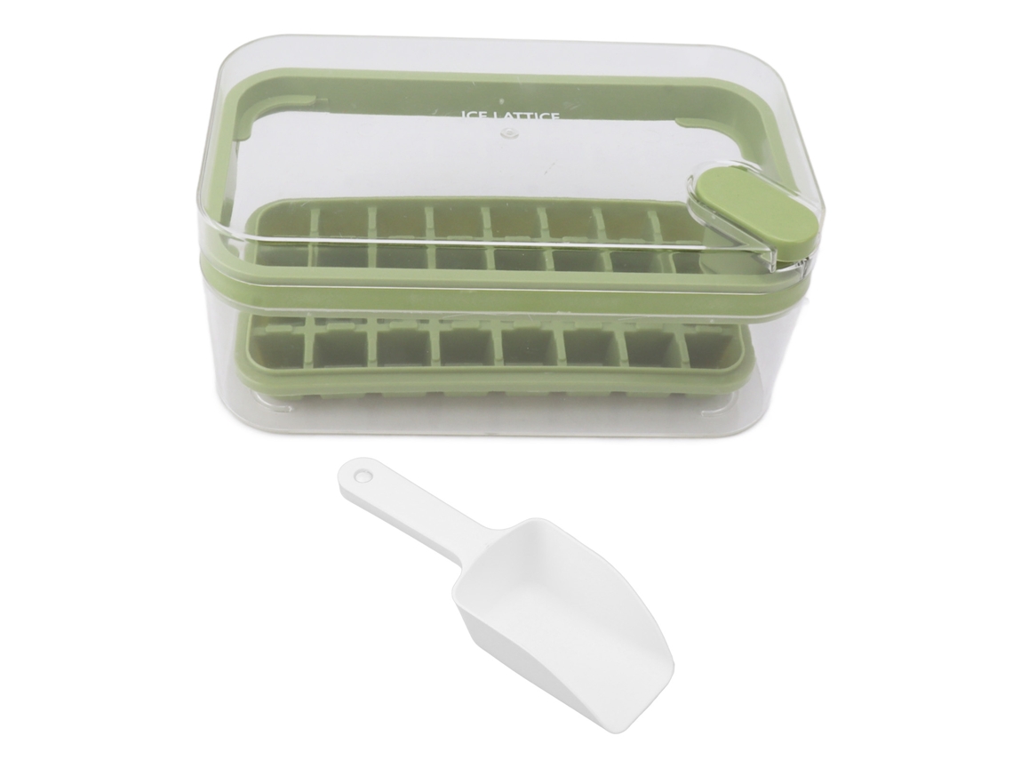 Prato de Gelo 32 Cubos com Tampa, Recipiente e Colher Verde S/MARCA