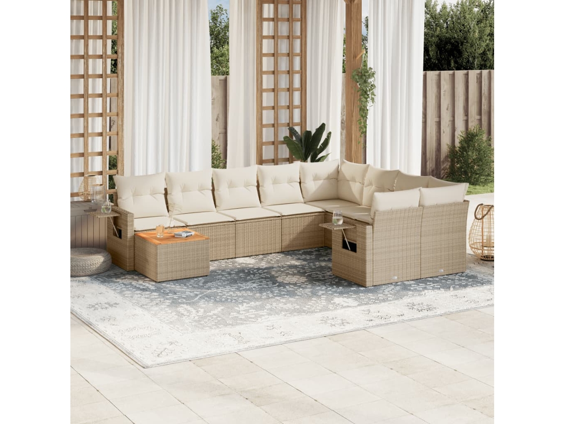 Vidaxl 10 Pcs Conjunto De Sofás P/ Jardim Com Almofadões Vime Pe Bege