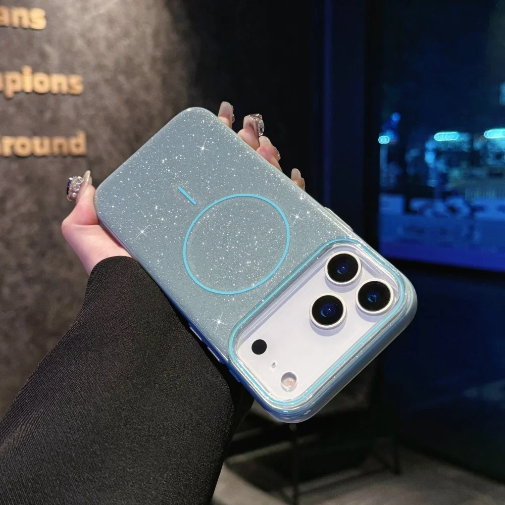 Capa De Celular Magsafe De Luxo Com Glitter (azul Escuro, Iphone 16 Pro), Carregamento Sem Fio Magnético, Capa Rígida.