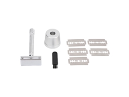 Kit De Barbear Com Aparador De Borda Dupla Longo Cabo Metal Vintage Para Homens Prata Com Base E Lâminas