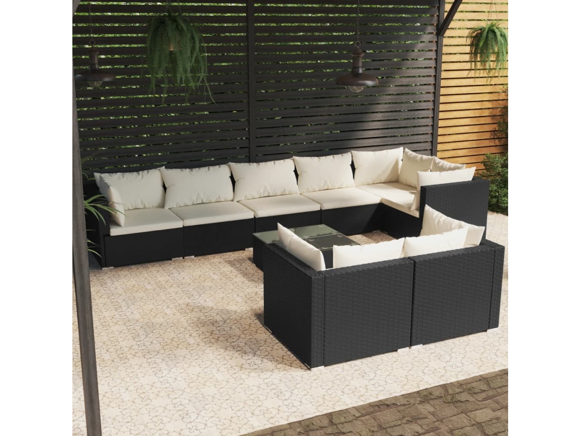 Vidaxl 9 Pcs Conjunto Lounge De Jardim C/ Almofadões Vime Pe Preto