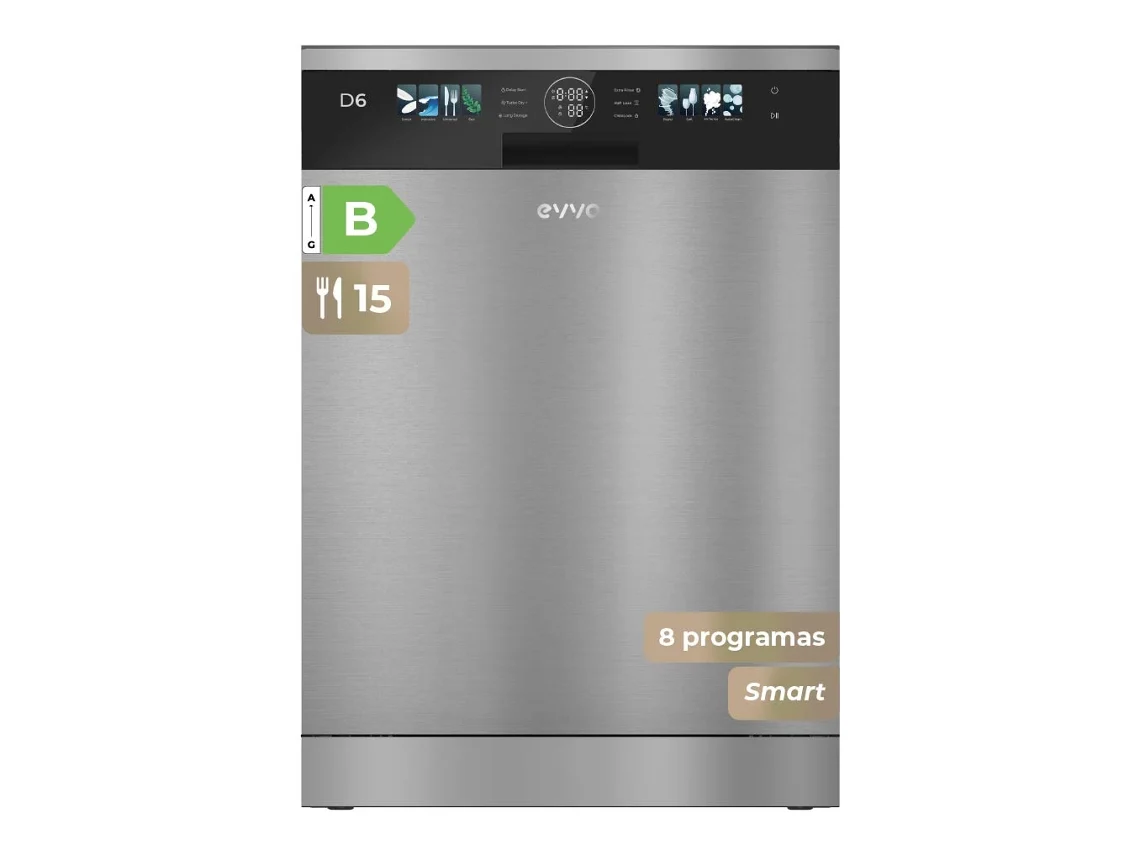 Máquina de Lavar Loiça EVVO D6x Máquina De Lavar Loiça Em Aço Inoxidável 60cm, 15 Lugares De Mesa, Classe B, Abertura Automática, Luz Uv, Aço Inoxidável