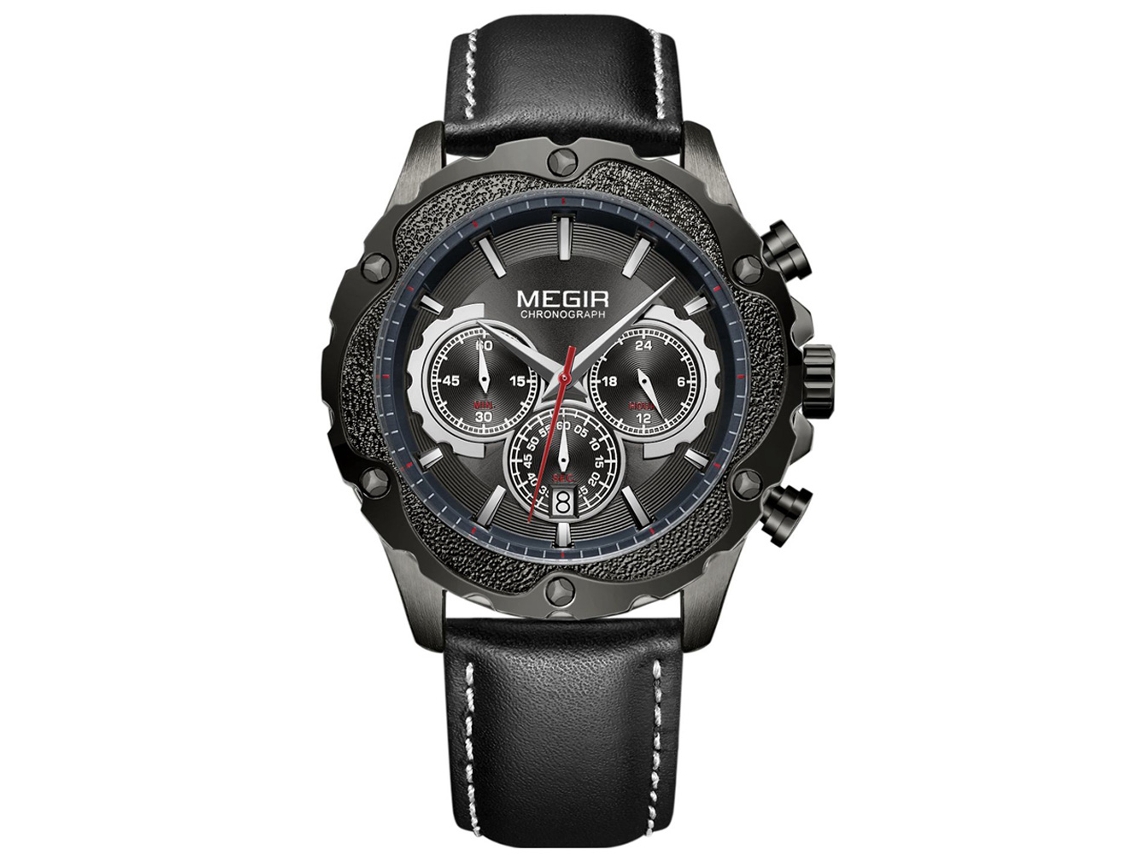 Relógio de pulso masculino multifuncional Megir com mecanismo de quartzo, pulseira de couro PU rosado e mostrador preto.
