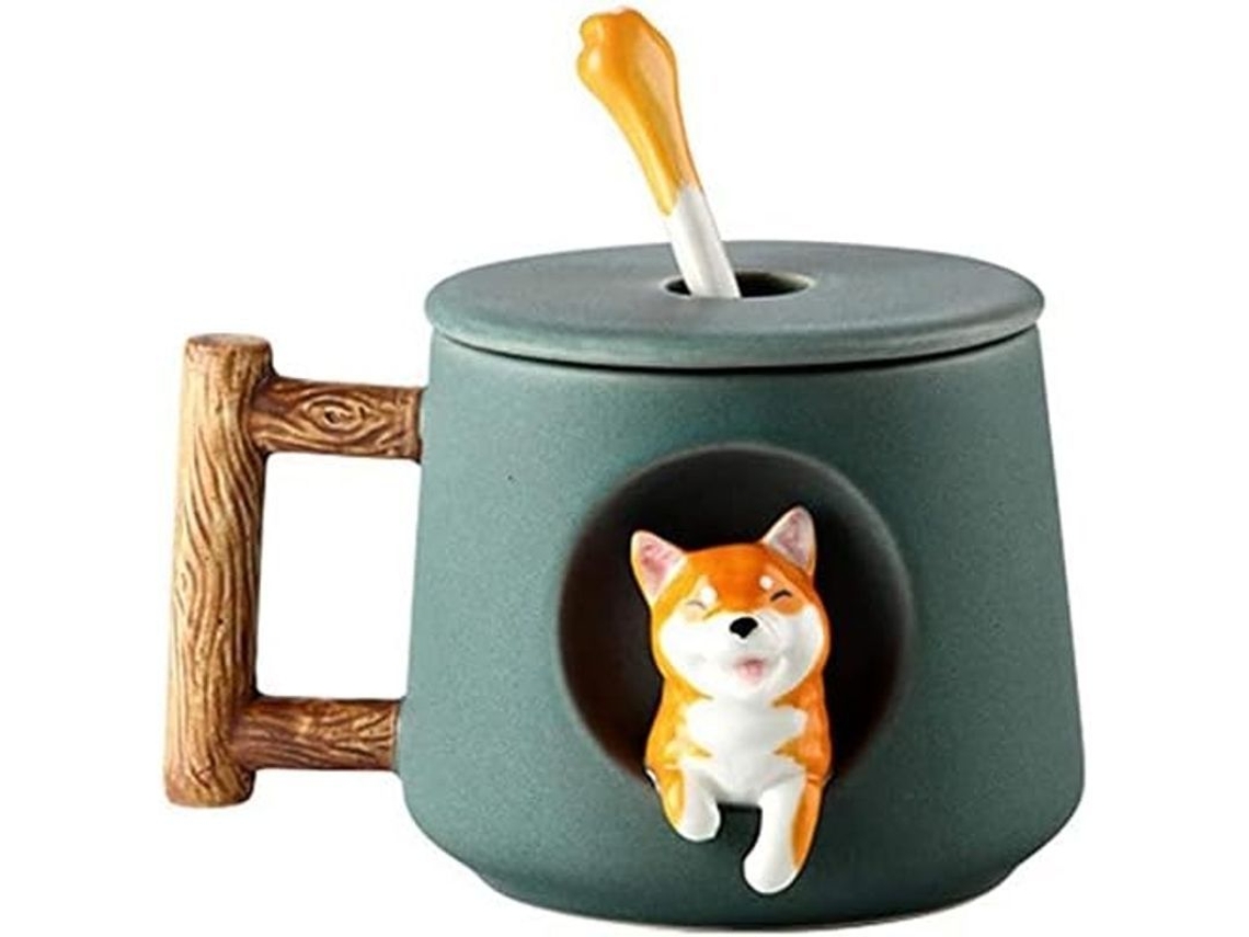 Taza De Cerámica 3d De Perro Lindo Shiba Inu Con Tapa Y Cuchara Para Café Y Té 420ml