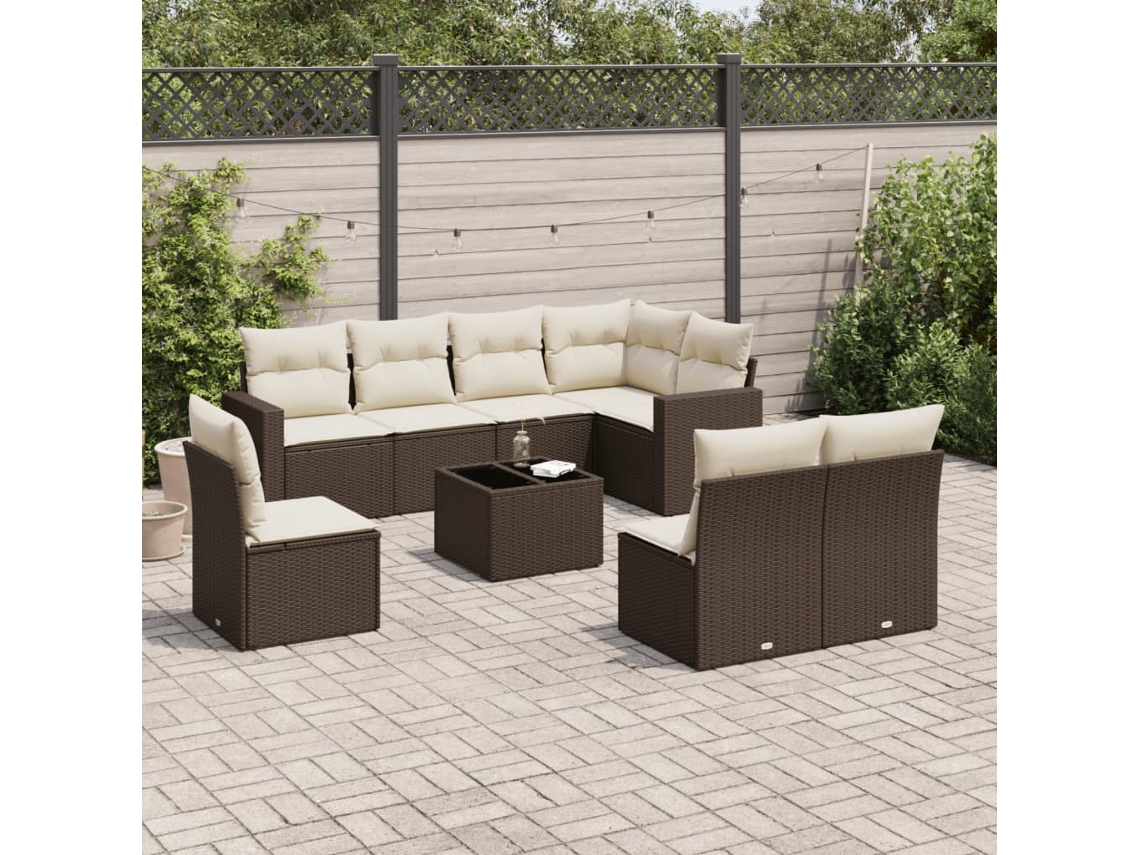 Vidaxl 9 Pcs Conjunto Sofás P/ Jardim C/ Almofadões Vime Pe Castanho