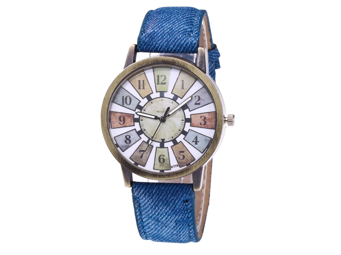 Relógio de casal vintage Zhoulianfa com pulseira de lona azul royal e aço estilo moinho de vento.