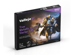 VALLEJO True Metallic Metal Starter Set - Kit Inicial de Tintas Metálicas para Miniaturas: 12 Núcleos de 18ml + Pincel + Miniatura Exclusiva
