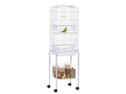 Gaiola Pássaros Suporte 4 Rodas 4 Comedouros 3 Poleiros Bandeja Removível 46,5x36x157 Branco