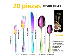 Conjunto de Talheres de Aço Inoxidável com 20 Peças, Incluindo Faca, Garfo e Colher. MDUG (colorido)