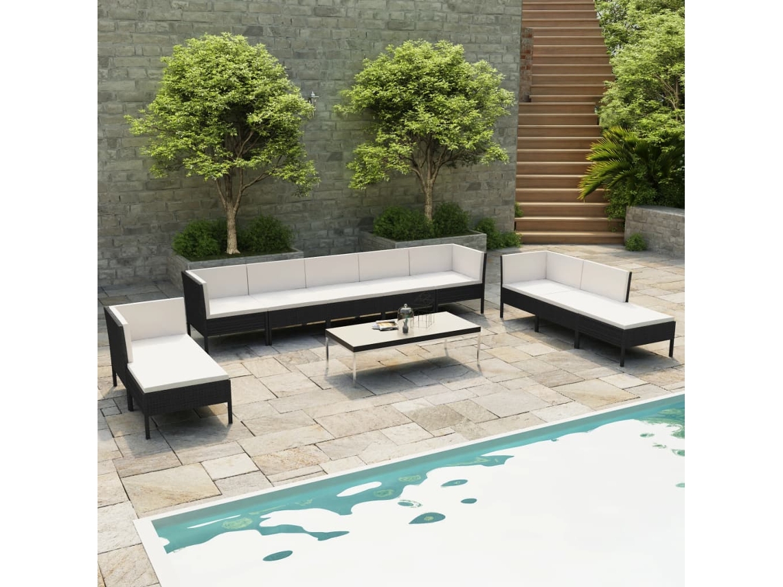 Vidaxl 10 Pcs Conjunto Lounge De Jardim C/ Almofadões Vime Pe Preto