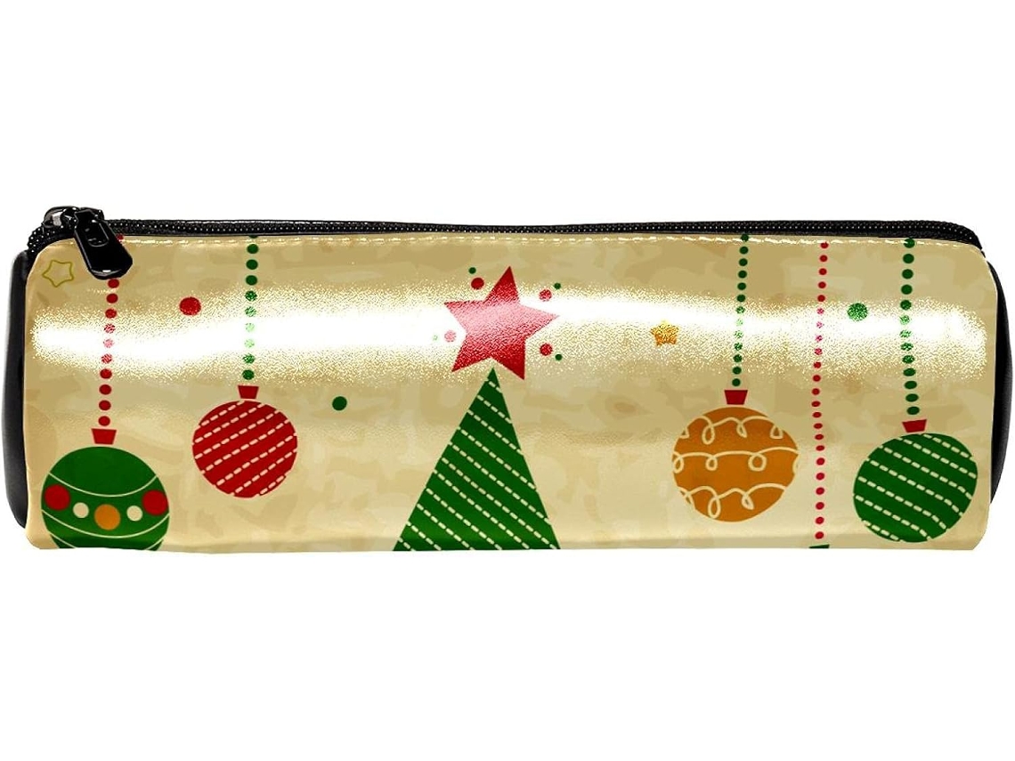 Estojo vintage Natal com carimbo Árvore Natalina e para cosméticos, ideal para guardar material escolar, cosméticos e outros itens.