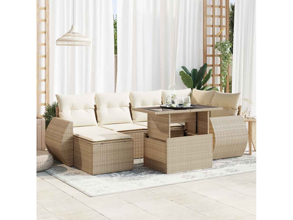 Vidaxl 7 Pcs Conjunto De Sofás P/ Jardim Com Almofadões Vime Pe Bege
