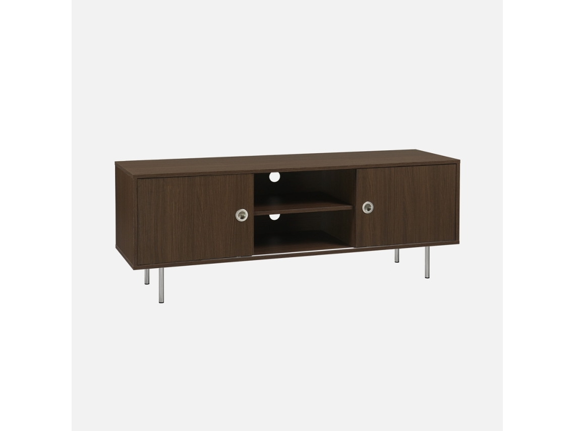 Móvel Tv Vintage com Acabamento Madeira e Aço Inox com 2 Portas, 140cm, Madeira De Nogueira