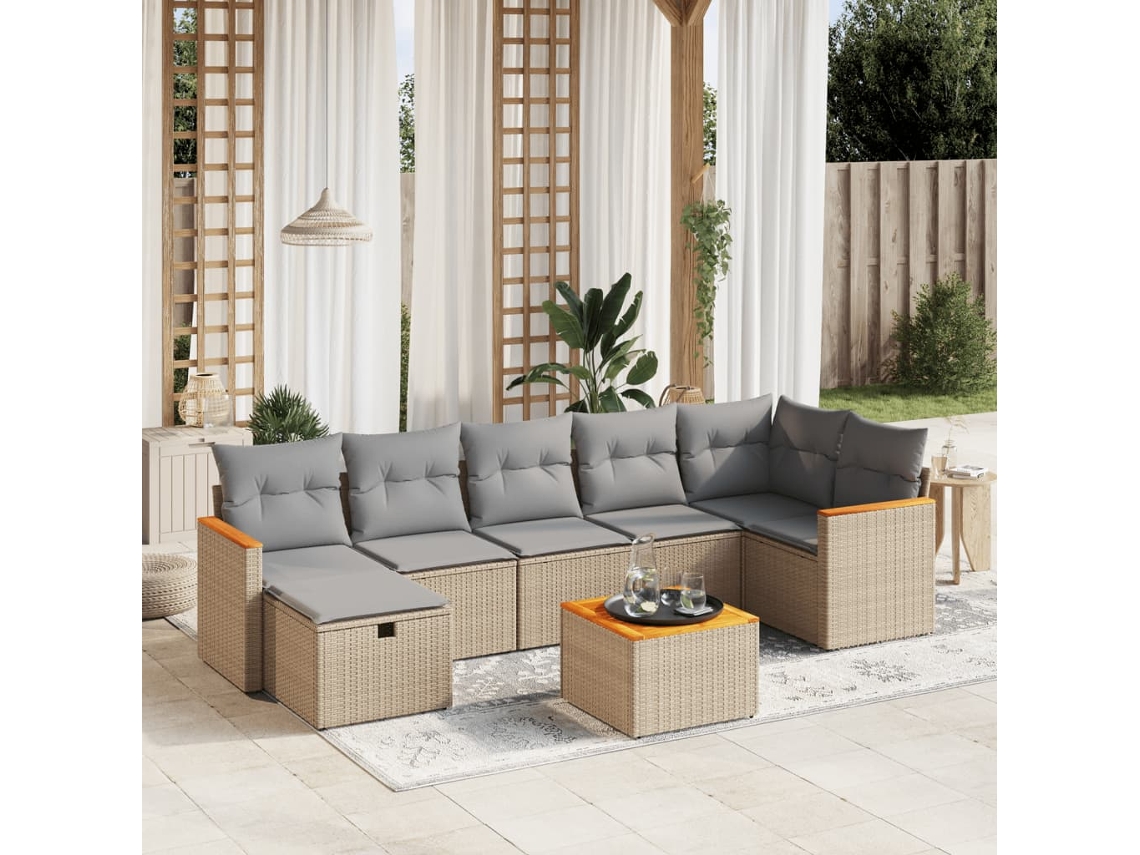 Vidaxl 8 Pcs Conj. Sofás Jardim C/ Almofadões Vime Pe Bege Misturado