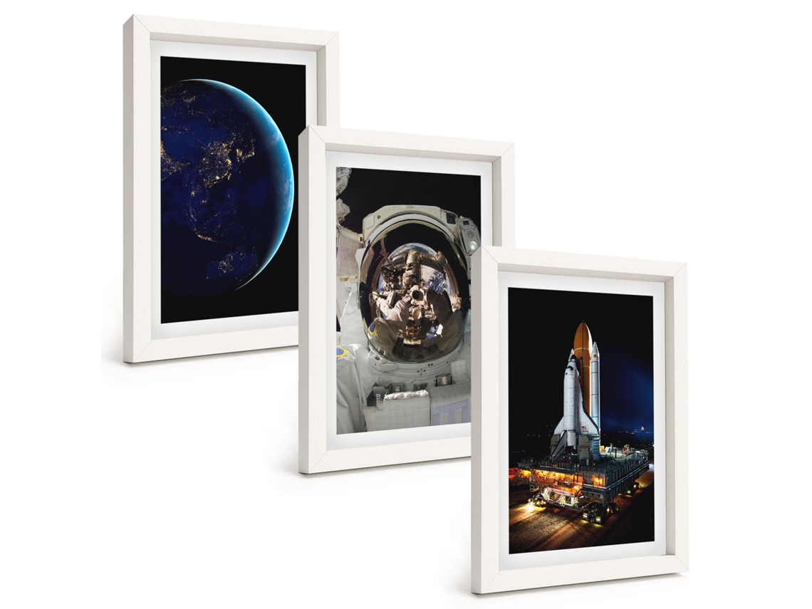 Composição De Quadros Espaço, Terra, Astronauta E Foguete Moldura Branca Imagens Para Um Quarto Infantil Espelharte (3 Peças 20x30 Cm)