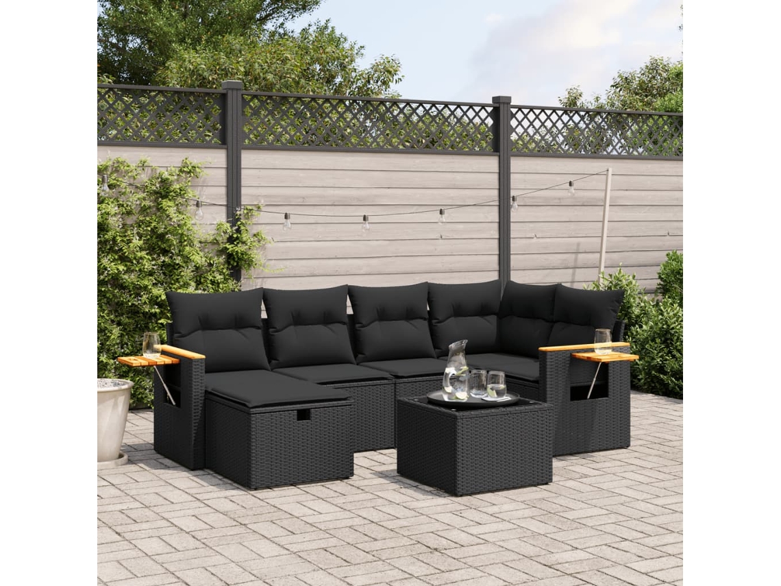 Vidaxl 7 Pcs Conjunto De Sofás P/ Jardim C/ Almofadões Vime Pe Preto