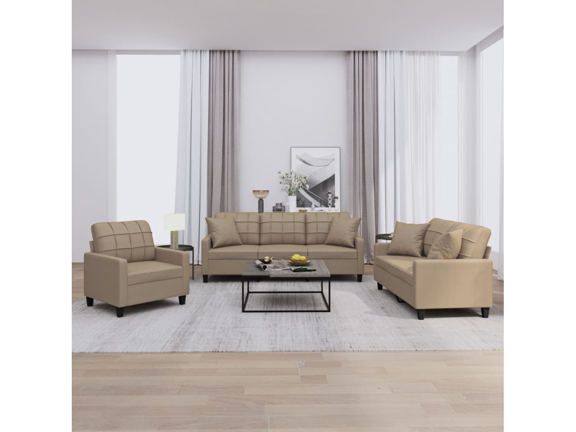 Vidaxl 3 Pcs Conjunto Sofás C/ Almofadas Couro Artificial Cappuccino