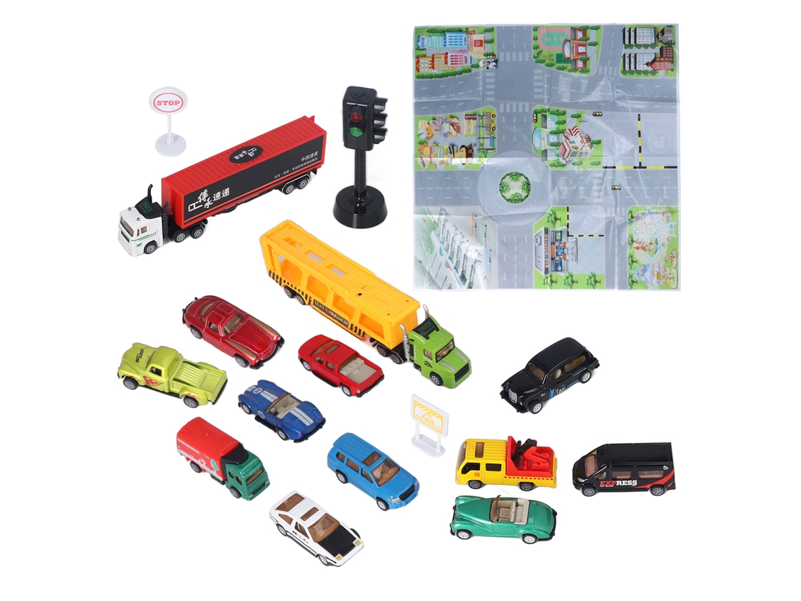 Walshlxq conjunto de 14 Coches de Metal para Niños, Juguetes Educativos Con Mapa, Semáforo Y Señales de Tráfico, Regalo para Niños