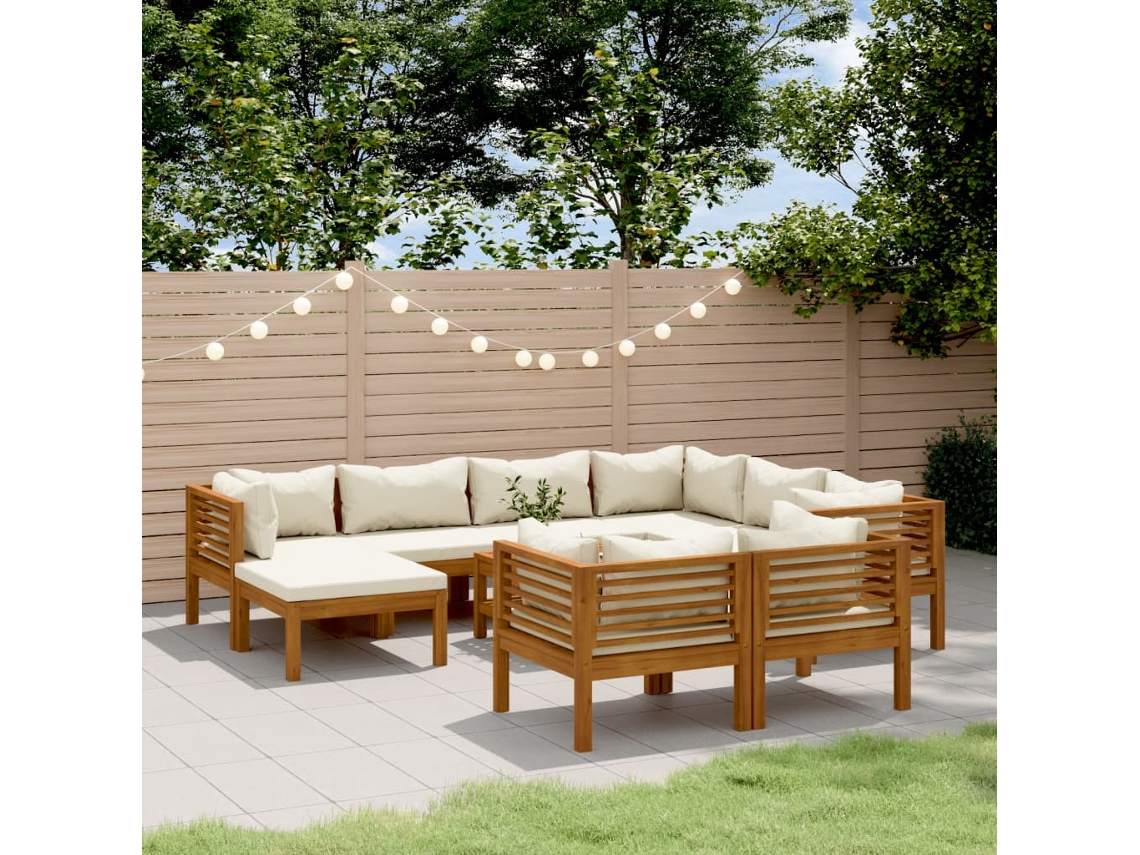 10 Pcs Conjunto Lounge Jardim C/ Almofadões Creme Acácia Maciça Dkd Home Decor