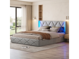 Cama Hidráulica Com Iluminação Led Lateral 140x200 Cm E Sistema Elevável, Cabeceira Acolchoada Com Losangos, Cama Estofada Em Linho, Cinza