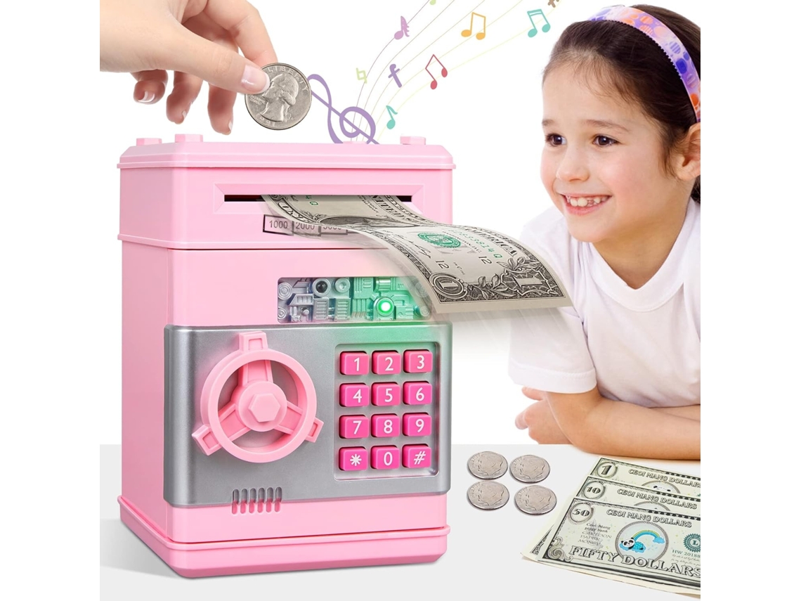 Cofre Infantil Eletrónico, Bloqueio Por Código, Em Rosa, Para Moedas E Notas Elysve