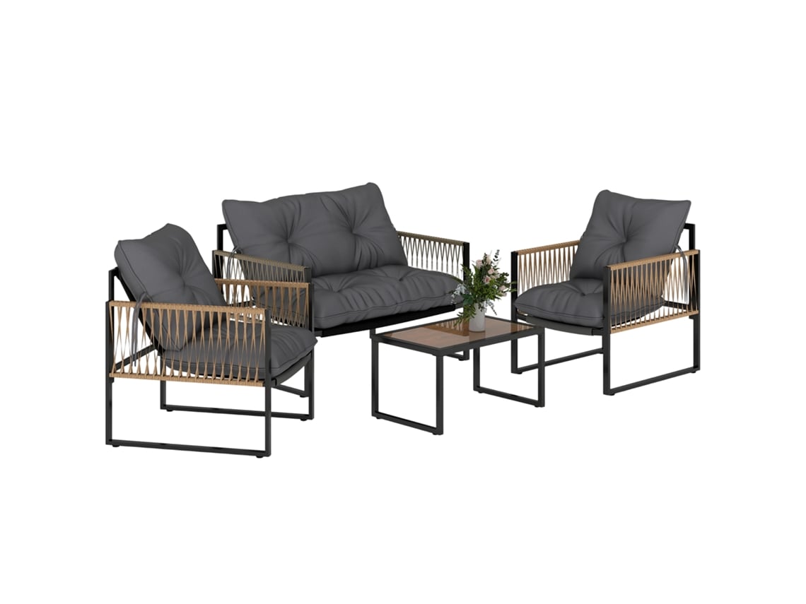 Conjunto Jardim em Rattan Sintético: 2 Poltronas, Sofá 2 Lugares, Mesa e Almofadas, Cinza QINGYU TECH