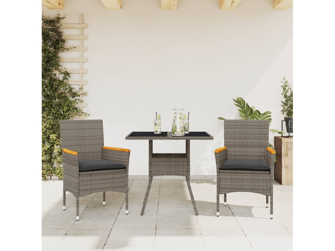 Vidaxl 3 Pcs Conjunto Jantar Jardim C/ Almofadões Vime Pe/vidro Cinza