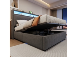 Cama Casal 160x200 Cm, Com Led E Usb, Cabeceira Com Prateleiras, Baú Hidráulico, Estrado Incluso, Tecido Linho Cinza.