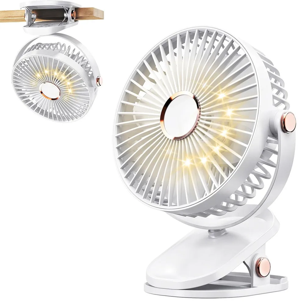 (branco) Ventilador Portátil De Encaixe Com Luz Noturna, Recarregável, 5 Velocidades De Vento, Mini Ventilador Ajustável Em 360°.