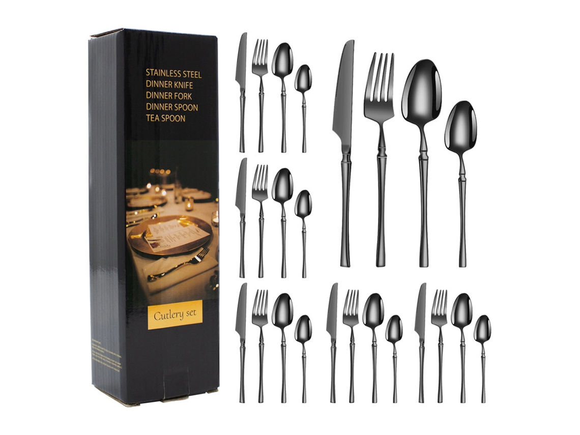 Conjunto De Talheres Em Aço Inoxidável Com Revestimento De Titânio (24 Peças - Preto) - Inclui Facas, Garfos E Colheres.