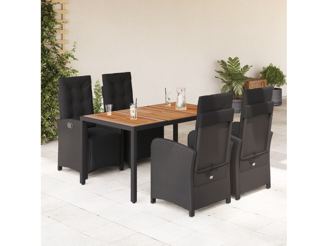 Vidaxl 5 Pcs Conjunto De Jantar P/ Jardim C/ Almofadões Vime Pe Preto