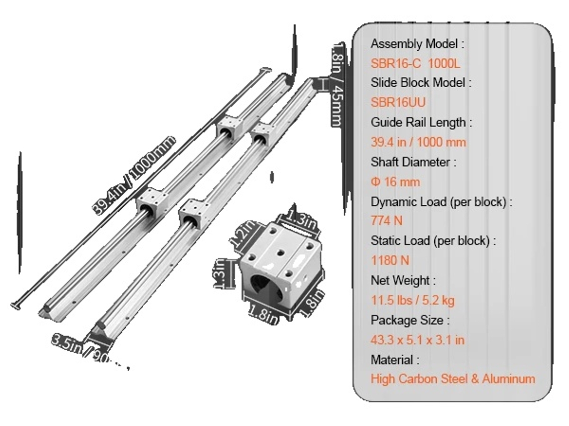 Vevor Conjunto De Trilhos De Guia Linear, Alta Capacidade De Carga, Construção De Alumínio E Aço Durável,sbr16 1000mm Oem